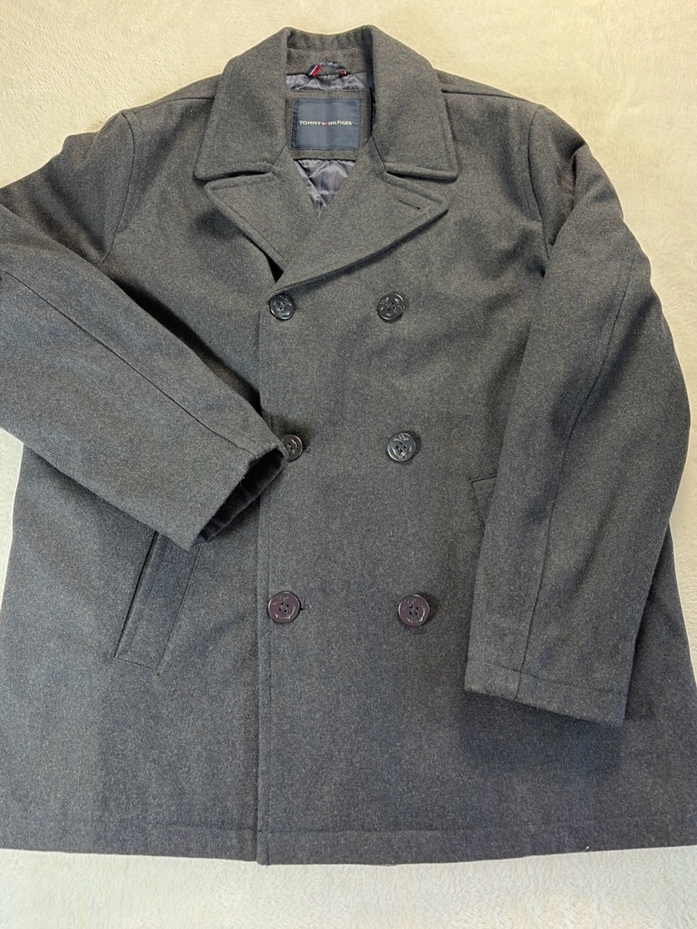 Tommy Hilfiger Mens Classic Wool Pea Coat Double Breasted anchor buttons Gray XL